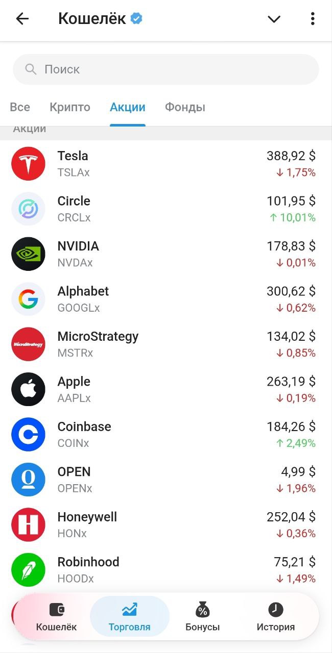 Telegram Wallet — список xStocks (акции и ETF)